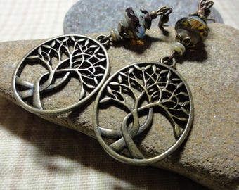Bronze Tree of Life Earrings with Glass Beads