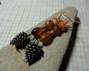 Copper Carnelian Earrings with Pinecones