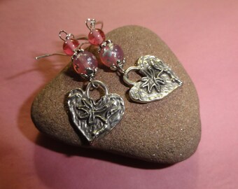 Silver Heart Earrings with Beads