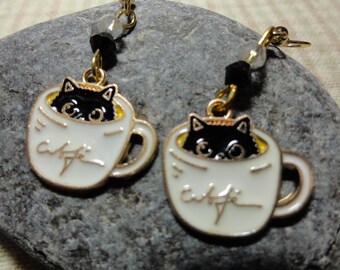 Black Kitty in Coffee Cup Enamel Earrings
