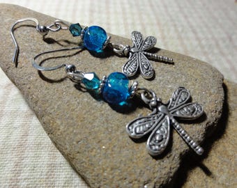 Silver Dragonfly Earrings with Sparkly Blue Beads