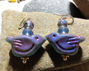 Blue Iridescent Bird Earrings