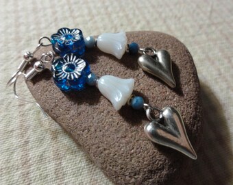 Silver Heart Earrings with Blue Flowers