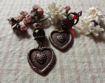 Copper Hearts with Red Crystals Earrings