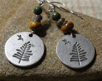 Silver Pine Tree and Bird Earrings with Beads