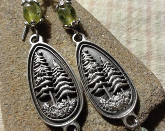 Silver Pines in Oval with Green Glass Beads