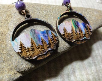 Wooden Earrings with Northern Lights Purple Mountains and Pines