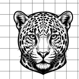 Könnte beinhalten: Eine schwarz-weiße grafische Illustration eines Leopardenkopfes mit detaillierten Fellmustern, ausgeprägten dunklen Flecken, scharfen Augen und markanten Schnurrhaaren, zentriert auf einem weißen Hintergrund mit einem dünnen schwarzen Raster.