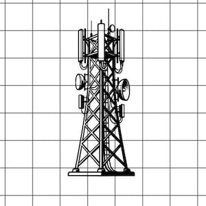 Pode incluir: Uma ilustração de arte linear a preto e branco de uma torre de telecomunicações com estrutura em treliça, múltiplas antenas de painel retangulares e antenas parabólicas circulares montadas a vários níveis no mastro central.