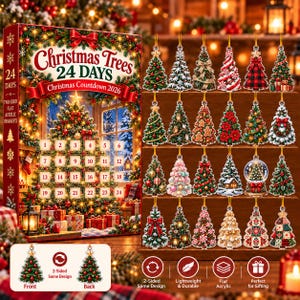 Puede incluir: Un calendario de adviento de Navidad con 24 casillas numeradas y 24 adornos de árbol de Navidad de acrílico plano. La caja muestra el texto Christmas Trees 24 Days Christmas Countdown 2026 e incluye 24 diseños de árboles únicos.