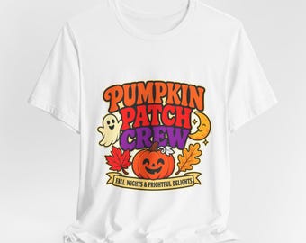 Maglietta con stampa "Pumpkin Patch Crew" / Halloween autunnale con zucche e foglie fantasma