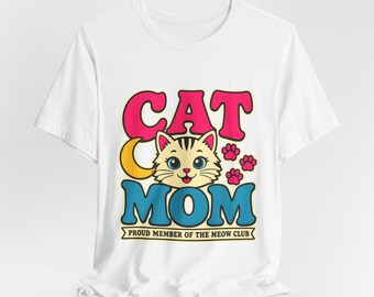 Maglietta per mamme di gatti / Illustrazione di gatto in stile retrò, impronte di zampe, "Orgogliosa membro del Meow Club"