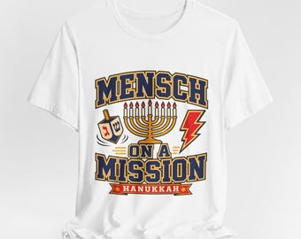 Maglietta "Mensch on a Mission" per Hanukkah / Grafica a forma di fulmine con menorah e dreidel