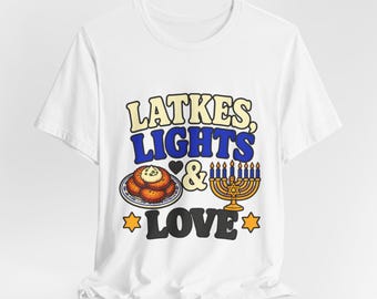 Maglietta Latkes Lights & Love / Maglietta Hanukkah Menorah e Sufganiyah