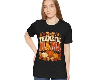 Maglietta Thankful Mama / Zucche del Ringraziamento, foglie autunnali, scritta retrò