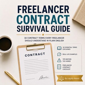 May include: A document titled Freelancer Contract Survival Guide with the subtitle 30 Contract Terms Every Freelancer Should Understand In Plain English. It includes a clipboard with a contract form, a gold pen, and a list of features.