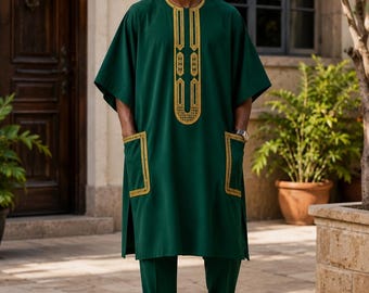 Emerald Green African Suit for Men - 2 Piece Dashiki Set Groom Wedding Wear