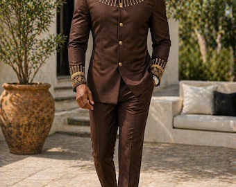 Luxury African Mens Suit | Gold Embroidered Senator Tunic | Traditional Groom