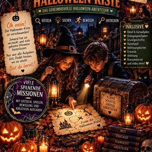 Puede incluir: Un juego de búsqueda del tesoro de Halloween titulado Die Verschwundene Halloween-Kiste, que incluye un mapa, un cofre de madera, calabazas talladas, linternas y una calavera. El juego contiene acertijos, retos físicos y actividades creativas.