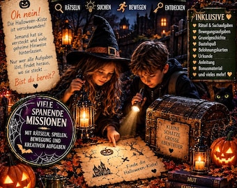 Könnte beinhalten: Ein Halloween-Suchspiel mit dem Titel Die Verschwundene Halloween-Kiste, bestehend aus einer Schatzkarte, einer Holztruhe, geschnitzten Kürbissen, Laternen und einem Totenkopf. Das Spiel enthält Rätsel, Bewegungsaufgaben und Bastelmaterial.