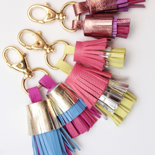 Three layer leather tassel key chains / key fobs / zipper charms - Choose your color - Ready to Ship