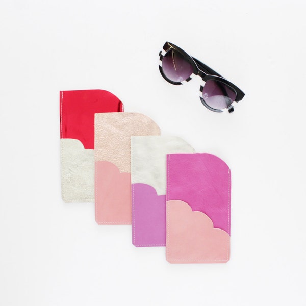 Natural leather glasses / phone case with scalloped pocket / in large size / pink shades - choose your color-ready to ship