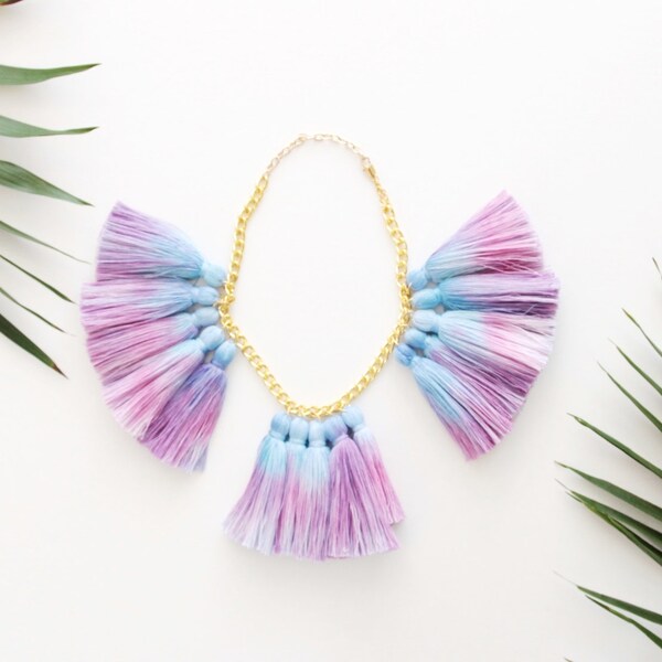 DRAGONFLY / Dyed tassel & Gold chain tropic statement necklace - Ready to Ship