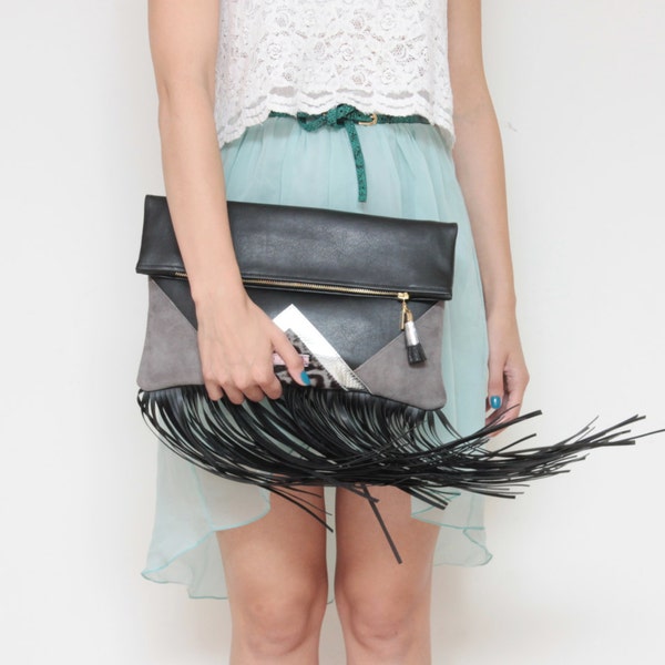 RESERVED for Kristina / CARRIER 21 / Large leather fringe fold over daily clutch bag - Ready to Ship