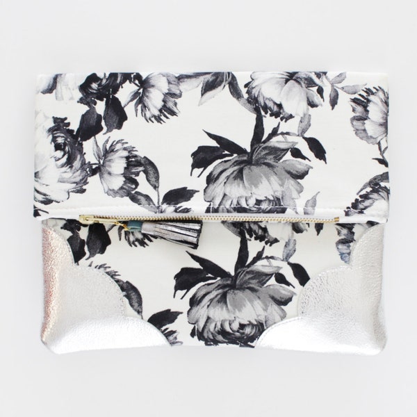 Reserved for FatMango / FLORIST 74 / Floral cotton & Natural leather scalloped fold over clutch bag with leather tassel - Ready to Ship