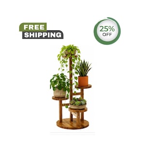 May include: A multi-tiered wooden plant stand with a circular base and five distinct platforms at varying heights. The stand holds four potted plants, including a trailing green plant, a leafy green plant, a snake plant, and a bowl of succulents.