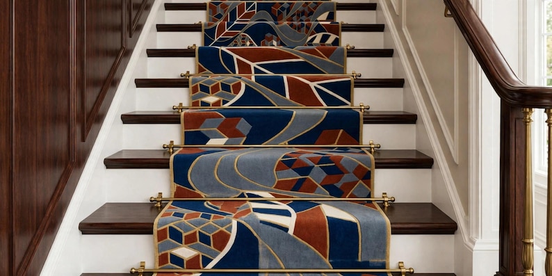 Merida Stair Rug Modern Abstract Stair Runner Rug, Geometric Royal Blue & Rust Carpet ...