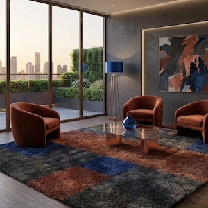 Modern Shag Area Rug | Geometric Patchwork Design | Rust, Navy Blue, & Grey Texture | Soft Mid-Century Style Living Room Carpet [Size]
