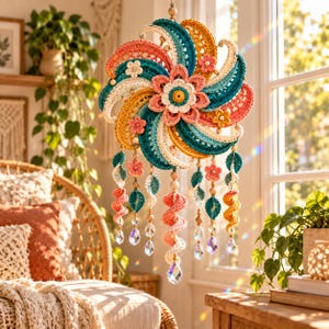 May include: A circular crochet wall hanging featuring a central flower surrounded by swirling teal, mustard yellow, and coral petals. The piece includes small floral accents, dangling crocheted leaves, wooden beads, and clear crystal prisms.