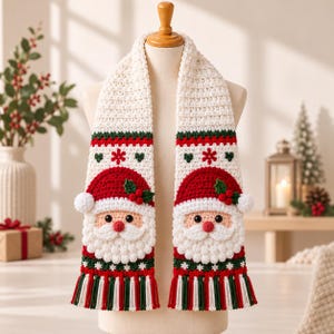 May include: A cream-colored crochet scarf featuring two identical Santa Claus faces at the ends. The design includes red hats with white pom-poms, green holly leaves with red berries, and a fringe trim in alternating red, green, and cream colors.