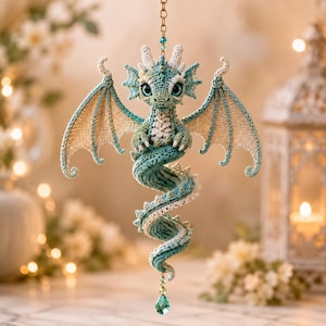 Virkat drakemönster PDF, fantasihängande ornament, amigurumi-drake, vindsnurra trädgårdsdekor