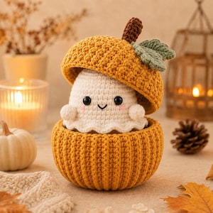 Puede incluir: Una figura amigurumi de ganchillo que muestra un pequeño fantasma blanco con ojos negros y mejillas rosadas, dentro de una cáscara de bellota de color amarillo dorado en dos partes. La parte superior tiene un tallo marrón y una hoja verde.