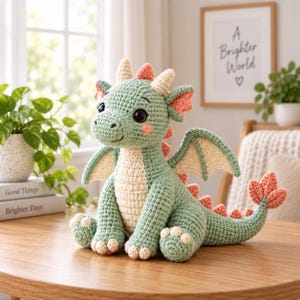 May include: A crocheted dragon plush toy featuring a light green body, a cream-coloured belly, and peach-coloured accents on the wings, tail, and back spikes. The creature has large dark eyes, small horns, and a stitched smile, sitting in a seated position.