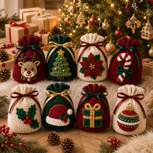 May include: Eight crocheted drawstring gift bags featuring festive holiday designs including a reindeer, Christmas tree, poinsettia, candy cane, holly, Santa hat, gift box, and ornament. Each bag is tied with a satin ribbon at the top.