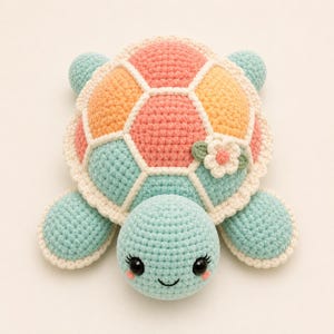 May include: A crocheted turtle toy featuring a light mint green head and flippers, with a shell composed of pastel pink, orange, and mint green hexagonal segments outlined in cream yarn. A small white crocheted flower is attached to the shell.