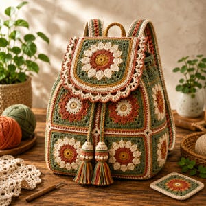 Peut inclure: Un sac à dos en crochet avec un motif de tournesol dans des tons vert olive, crème et orange brûlé. Le sac présente un rabat à bord festonné, deux pompons de serrage avec des perles en bois et des bretelles réglables.