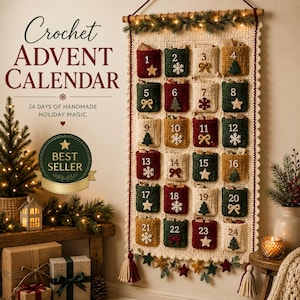 May include: A cream-colored crochet advent calendar hanging on a wall, featuring twenty-four numbered pockets in red, green, and gold. Each pocket is decorated with small crocheted motifs like stars, snowflakes, and trees, with tassels at the bottom.