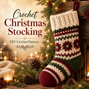 May include: A crochet Christmas stocking featuring a cream-colored ribbed cuff, a central band with red and green floral motifs, and a solid dark red toe. The text "Crochet Christmas Stocking" and "DIY Crochet Pattern" is printed on the left side.
