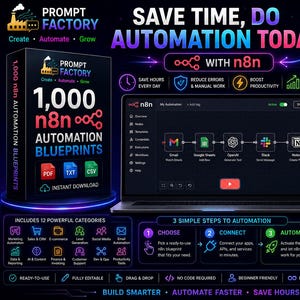 Puede incluir: Una pantalla de producto digital para 1.000 planos de automatización n8n con una computadora portátil que muestra un flujo de trabajo con Gmail, Google Sheets, OpenAI, Slack y Notion. El gráfico incluye texto, iconos y una guía paso a paso.