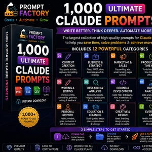 May include: A digital product display for 1,000 Ultimate Claude Prompts by Prompt Factory. The graphic features a black box, twelve numbered categories including Content Creation and Coding, a list of benefits, and icons for PDF, TXT, and CSV formats.