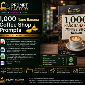 May include: A digital product bundle titled 1,000 Nano Banana Coffee Shop Prompts, featuring a book cover with a latte, a tablet displaying a table of contents, a black mug with the Prompt Factory logo, and icons for PDF, TXT, and CSV files.