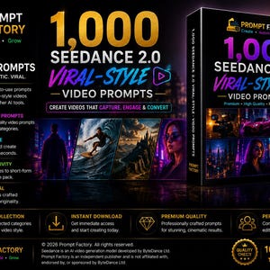 May include: A digital product box for 1,000 Seendance 2.0 Viral-Style Video Prompts. The black packaging features gold and blue text, a logo of a factory, and a collection of cinematic images including a surfer, a castle, and a person.