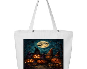 Halloween Canvas Tote Bag, Zippered Witch Pumpkin Print, 25L Capacity