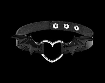 Gothic Choker Necklace Leather Collar - Bat Wing Heart Pendant, Punk Festival Jewelry Gift