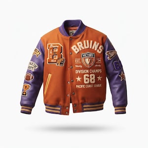 May include: An orange wool-blend varsity jacket with purple leather sleeves, featuring embroidered patches including the text Bruins, Victory, Division Champs, 68, and Pacific Coast League. The jacket has a snap-button front and striped ribbed trim.