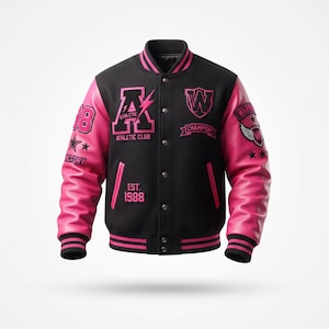 May include: A black varsity jacket with pink sleeves, featuring pink embroidery including the letter A, the text Athletic Club, Champion, Est. 1988, Victory, and Warrior. The jacket has a snap-button front closure and striped ribbed cuffs and hem.
